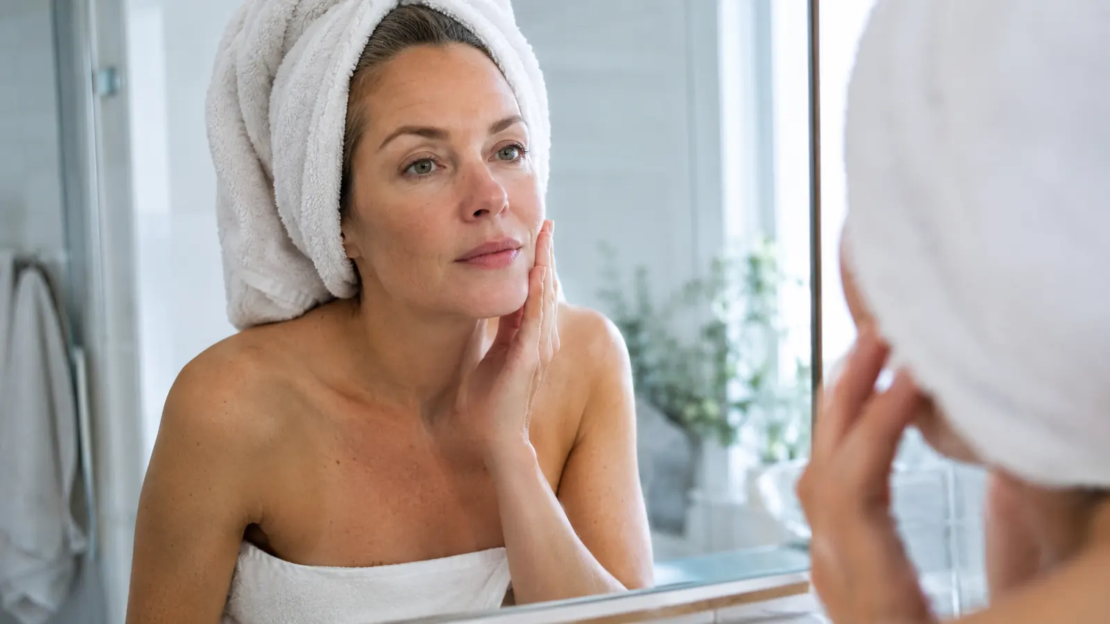 A woman in her late 40s with shoulder-length hair wrapped in a towel, looking into a bathroom mirror after washing her hair