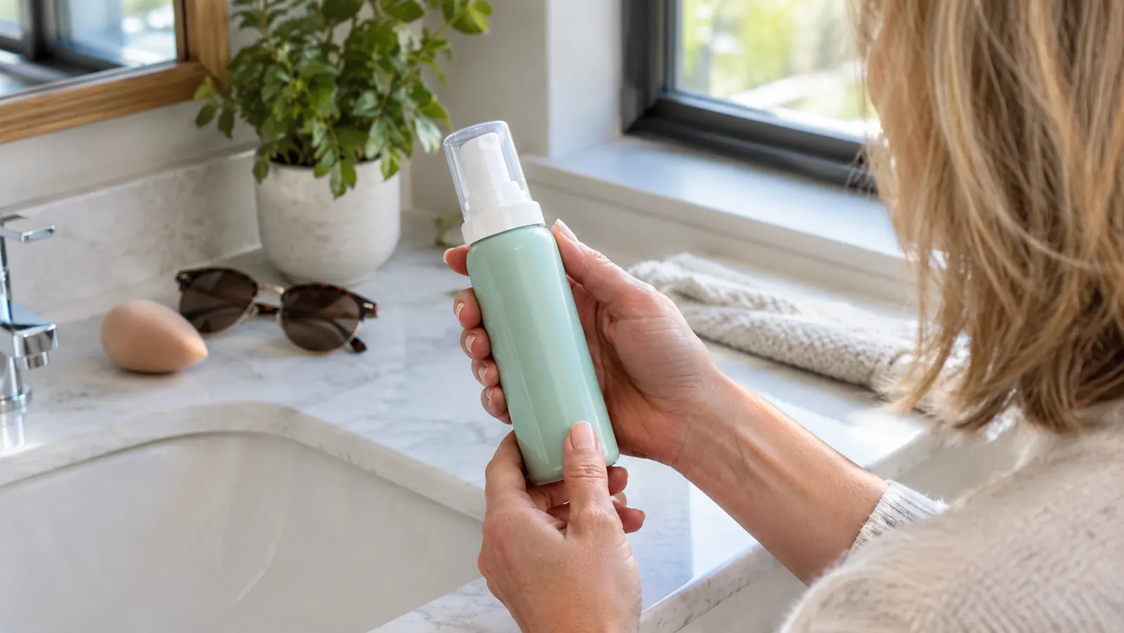 A hand holding the sunscreen bottle over a bathroom counter next to a makeup sponge