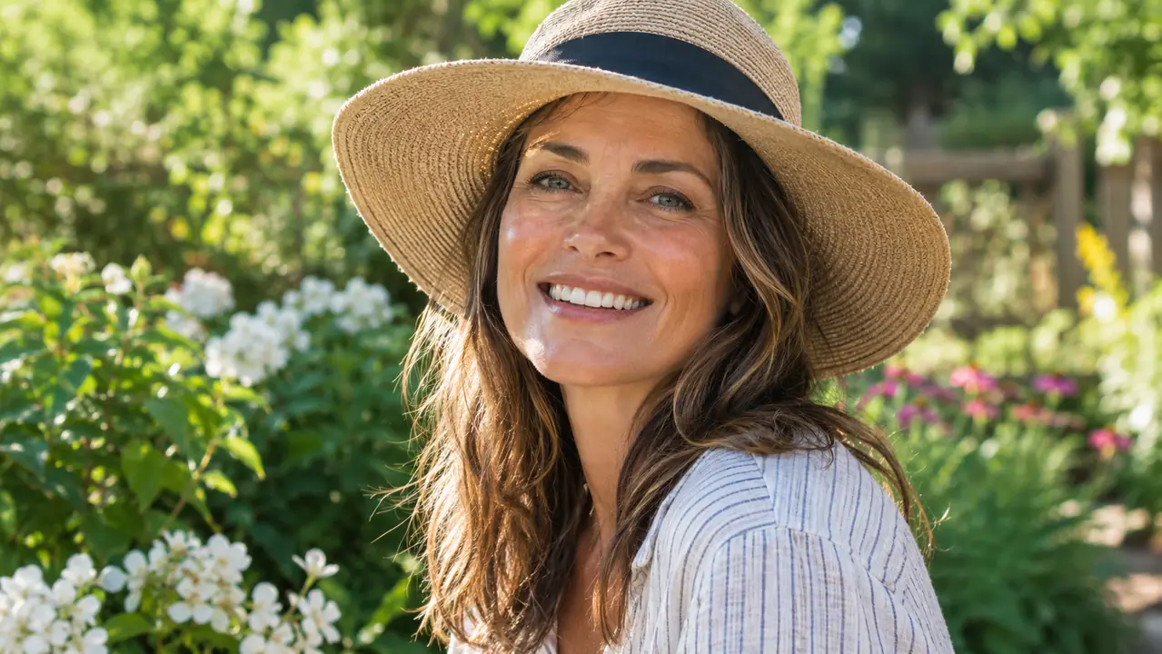 A woman in her late 40s smiling outdoors in daylight, her face shaded by a wide-brimmed hat