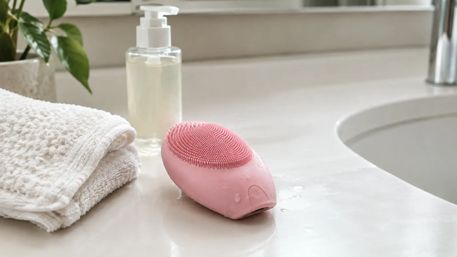 A silicone facial cleansing brush resting on a bathroom counter next to a folded washcloth