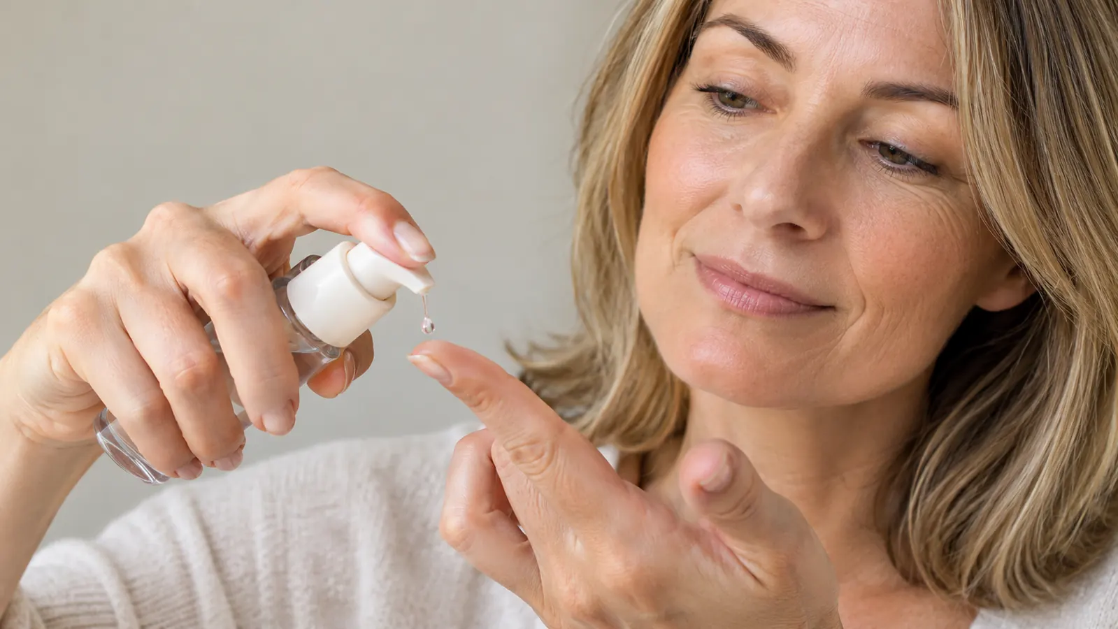 A hand pressing one drop of clear serum from a small pump bottle onto a fingertip