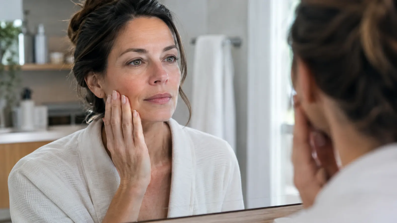 A woman in her late 40s touching her cheek with a clean hand, looking into a mirror, calm expression