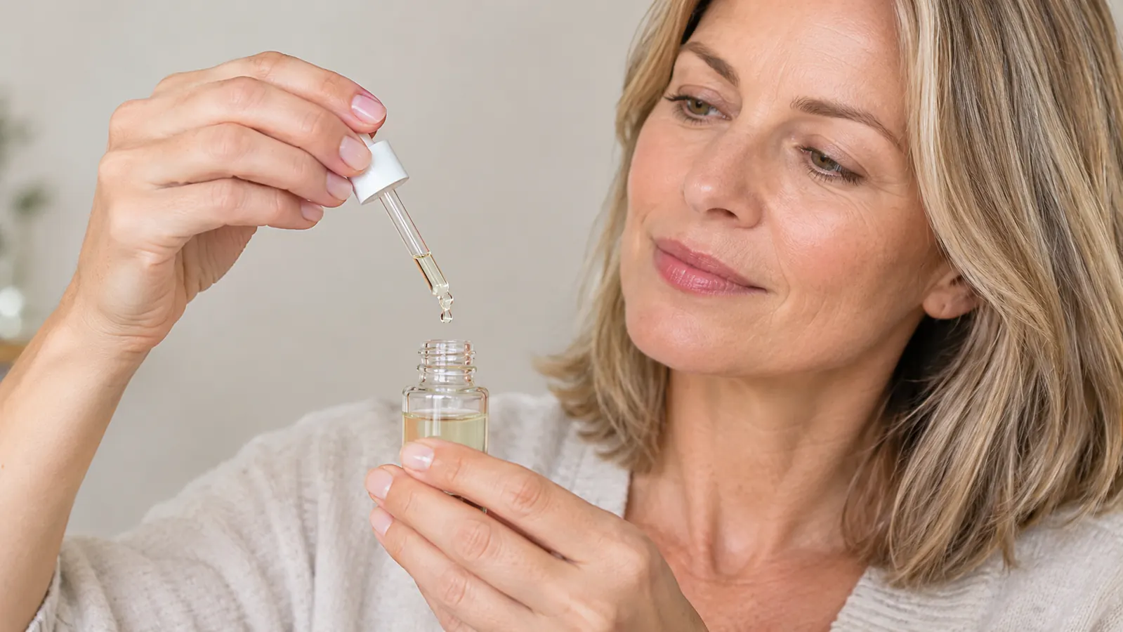 A hand pressing the dropper of a small serum bottle over a palm, clear liquid visible