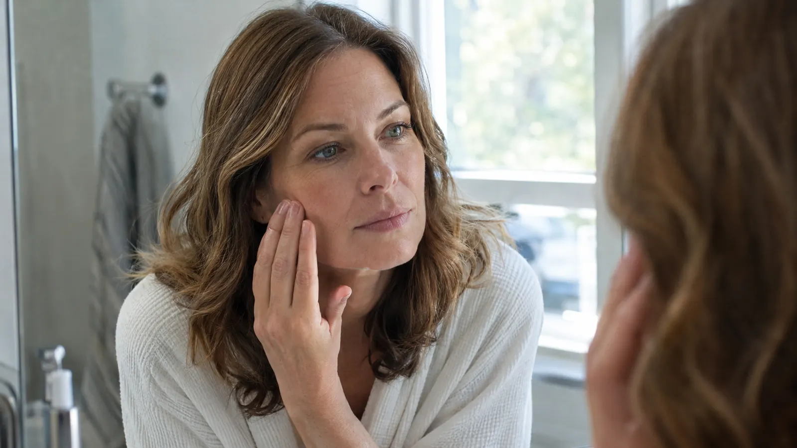 A woman in her late 40s touching her cheek while looking into a bathroom mirror, morning light