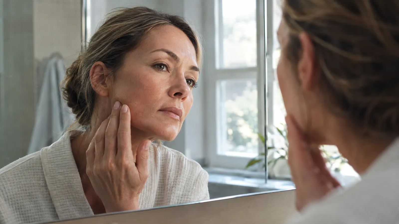 A woman in her late 40s looking closely at her cheek in a bathroom mirror, one hand touching her jawline, morning light through a window