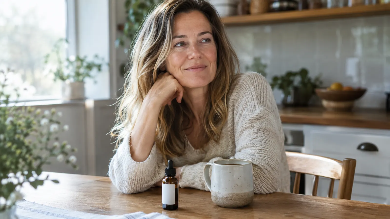 A woman in her late 40s with fair skin sitting at a kitchen table with a small dropper bottle and a cup of coffee, morning light