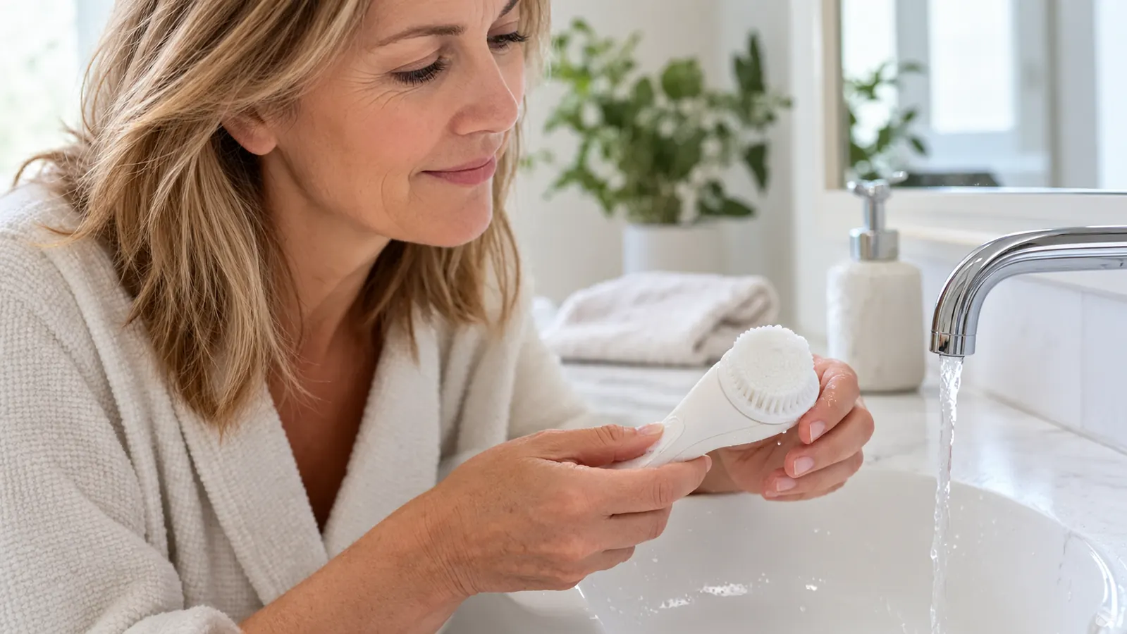 Close view of a hand holding a facial cleansing brush over a bathroom sink.