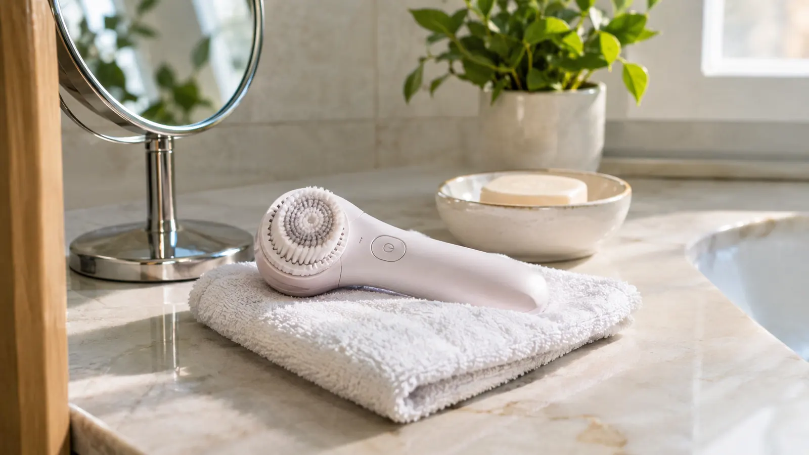 A facial cleansing brush resting on a folded washcloth on a bathroom vanity beside a small mirror.
