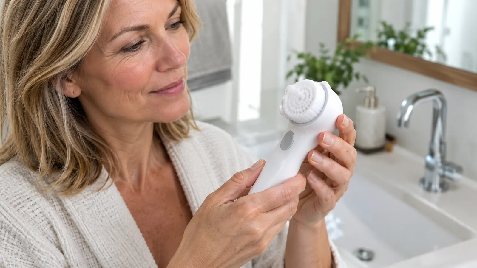 A hand holding a facial cleansing brush over a sink