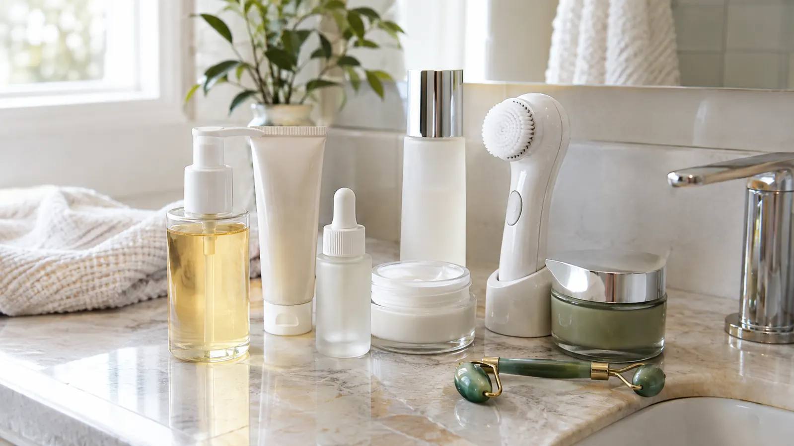 A skincare routine laid out on a bathroom counter with a facial cleansing brush