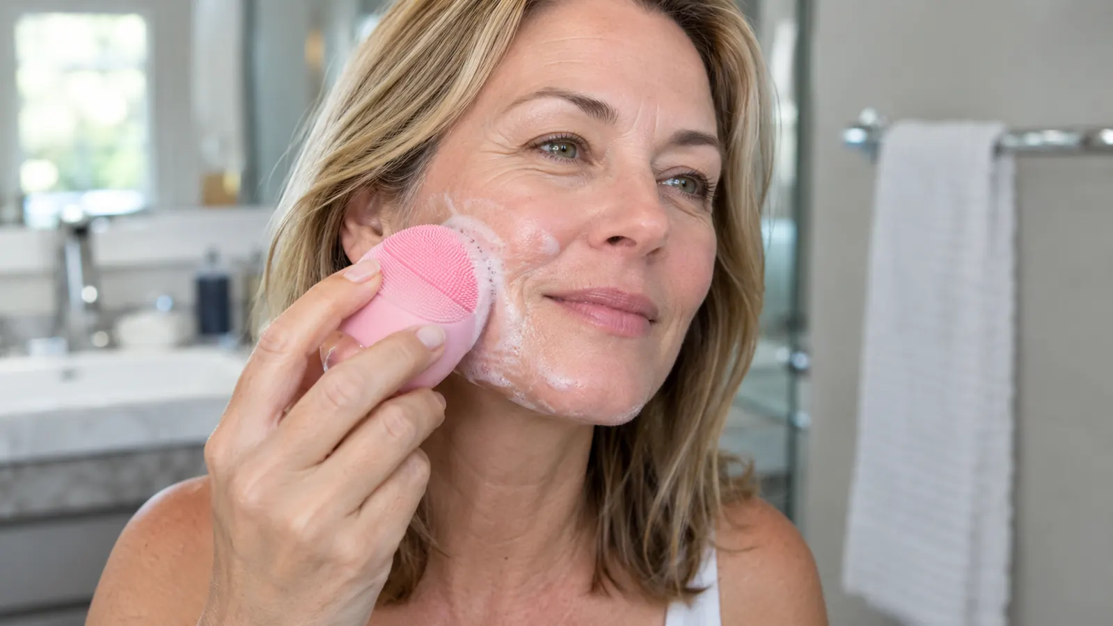 Close-up of a woman cleansing her cheek with a handheld silicone facial brush over a bathroom sink.