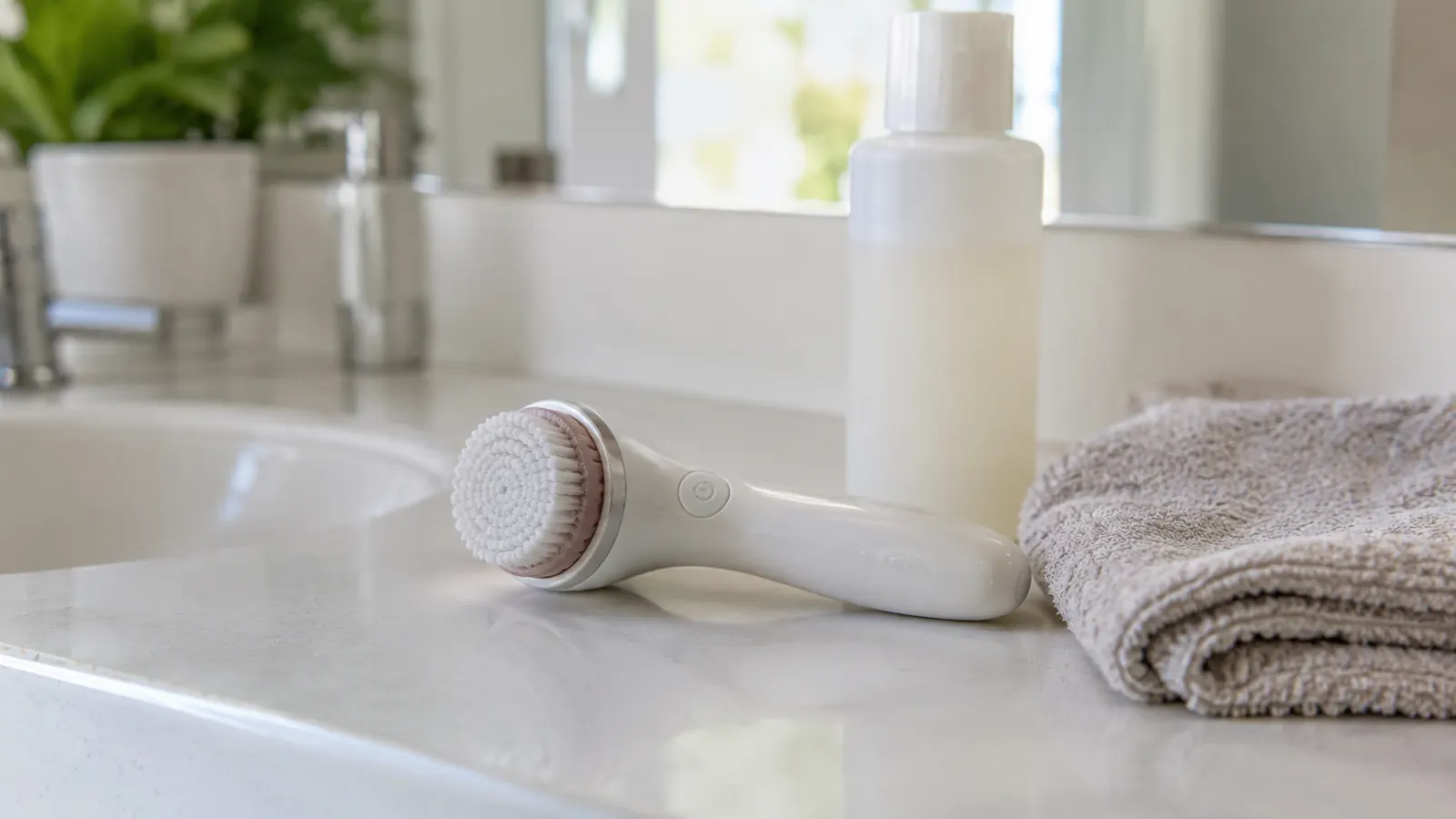 Small handheld facial cleansing brush resting on a bathroom counter beside a folded washcloth and a bottle of cleanser.