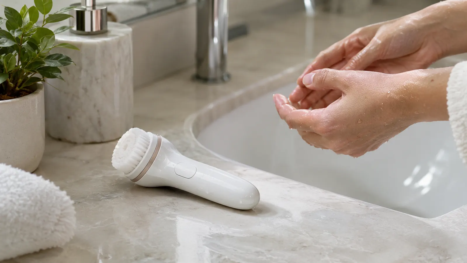 A facial cleansing brush resting on a bathroom vanity beside a pair of hands over the sink