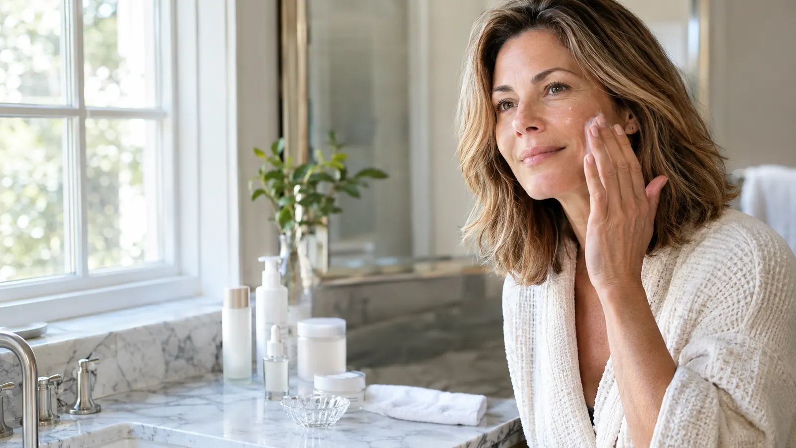 A woman in her late 40s applying serum at a bright bathroom vanity lined with skincare bottles