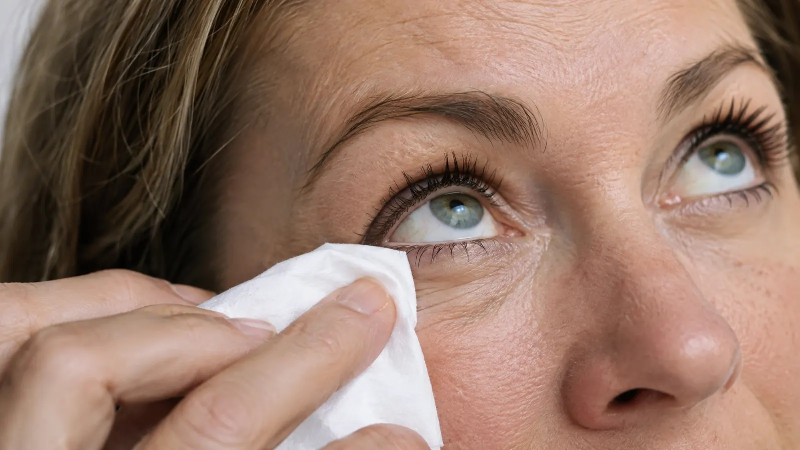 A woman in her late 40s gently pressing a tissue under her lower lash line to blot excess mascara