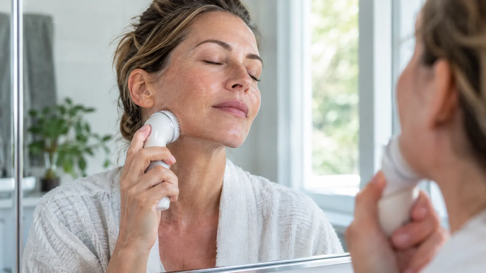 A woman in her late 40s gently moving a facial cleansing brush in small circles along her jawline