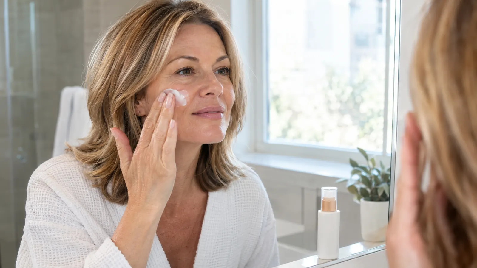 Close view of fingertips pressing a thin layer of sunscreen into the cheek of a woman in her late 40s, a bottle of sunscreen resting on the bathroom counter out of focus