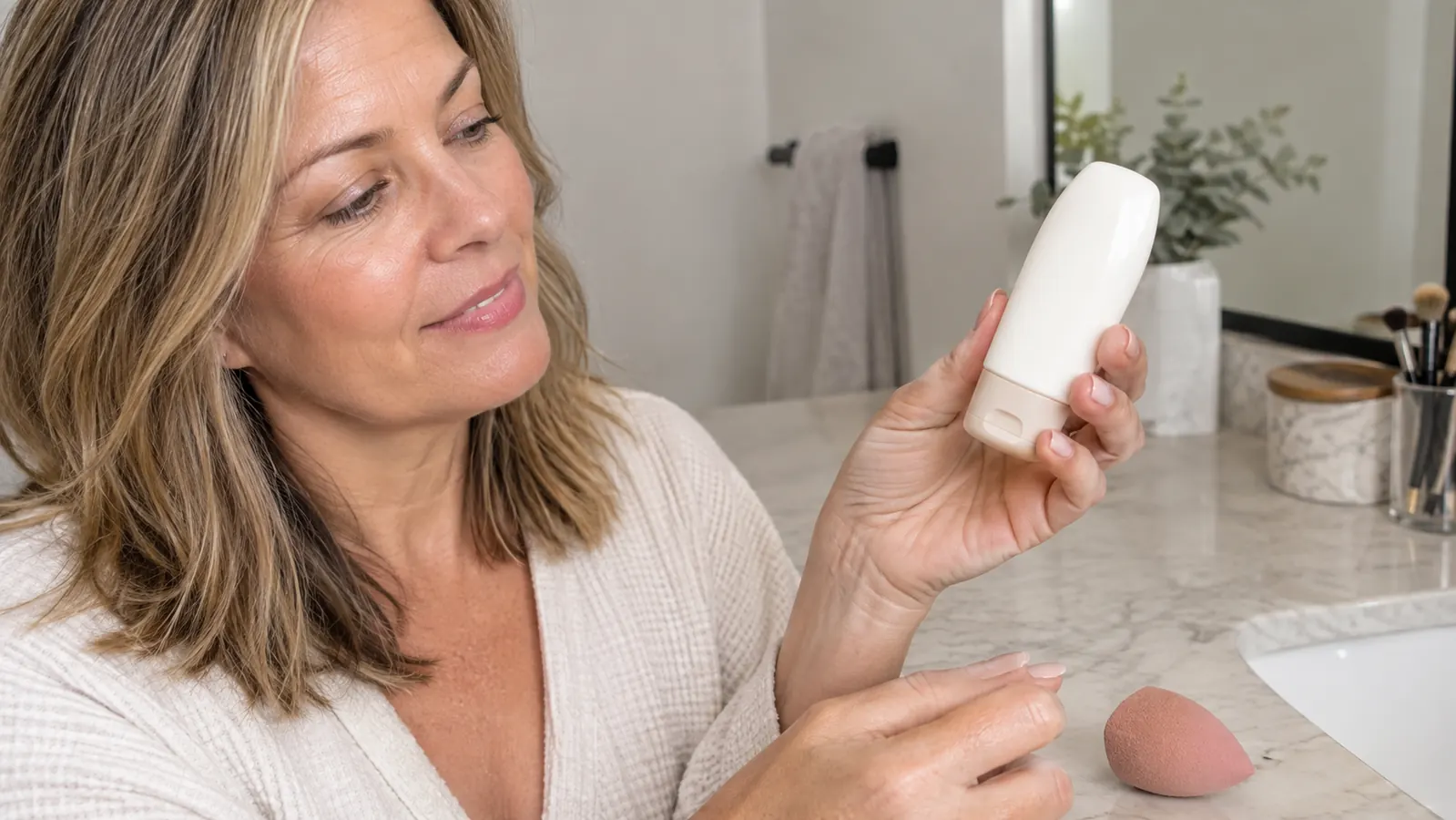 A hand holding a small sunscreen bottle over a vanity counter next to a makeup sponge