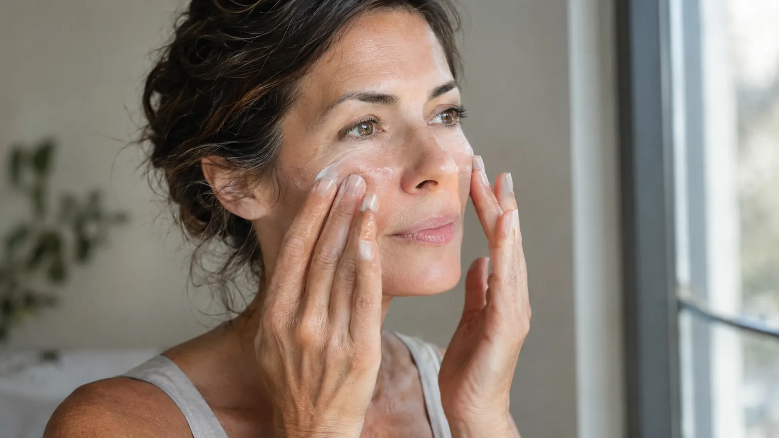 A woman pressing sunscreen into her cheeks with her fingertips, standing near a window in soft daylight