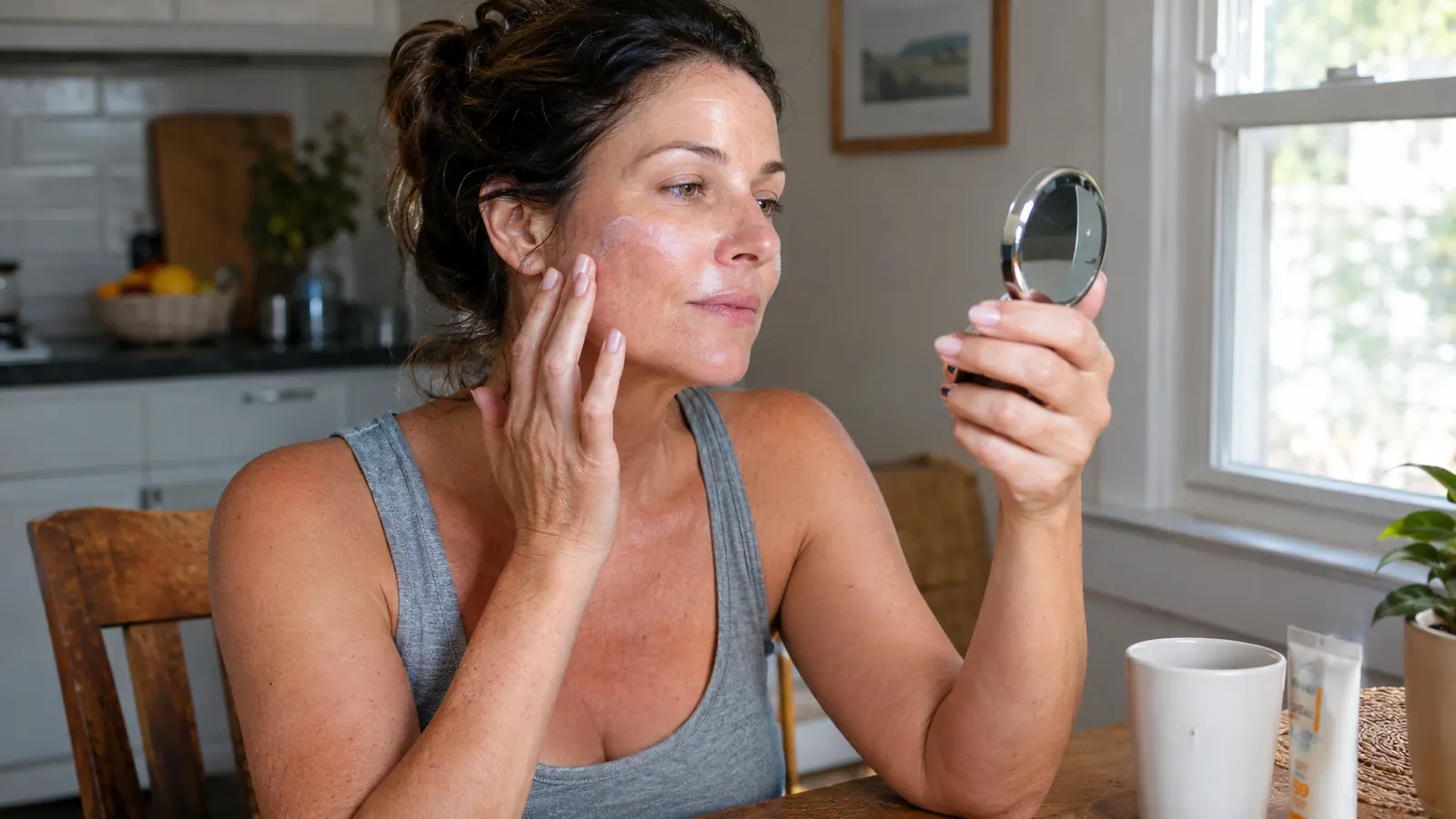 Woman checking her reflection in a small mirror after applying morning sunscreen