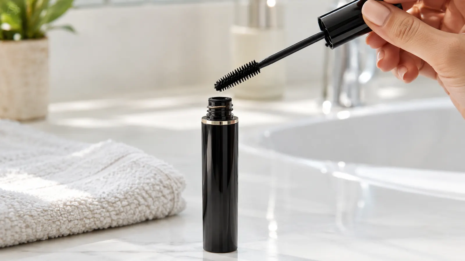 A mascara wand held above an open mascara tube on a bathroom counter