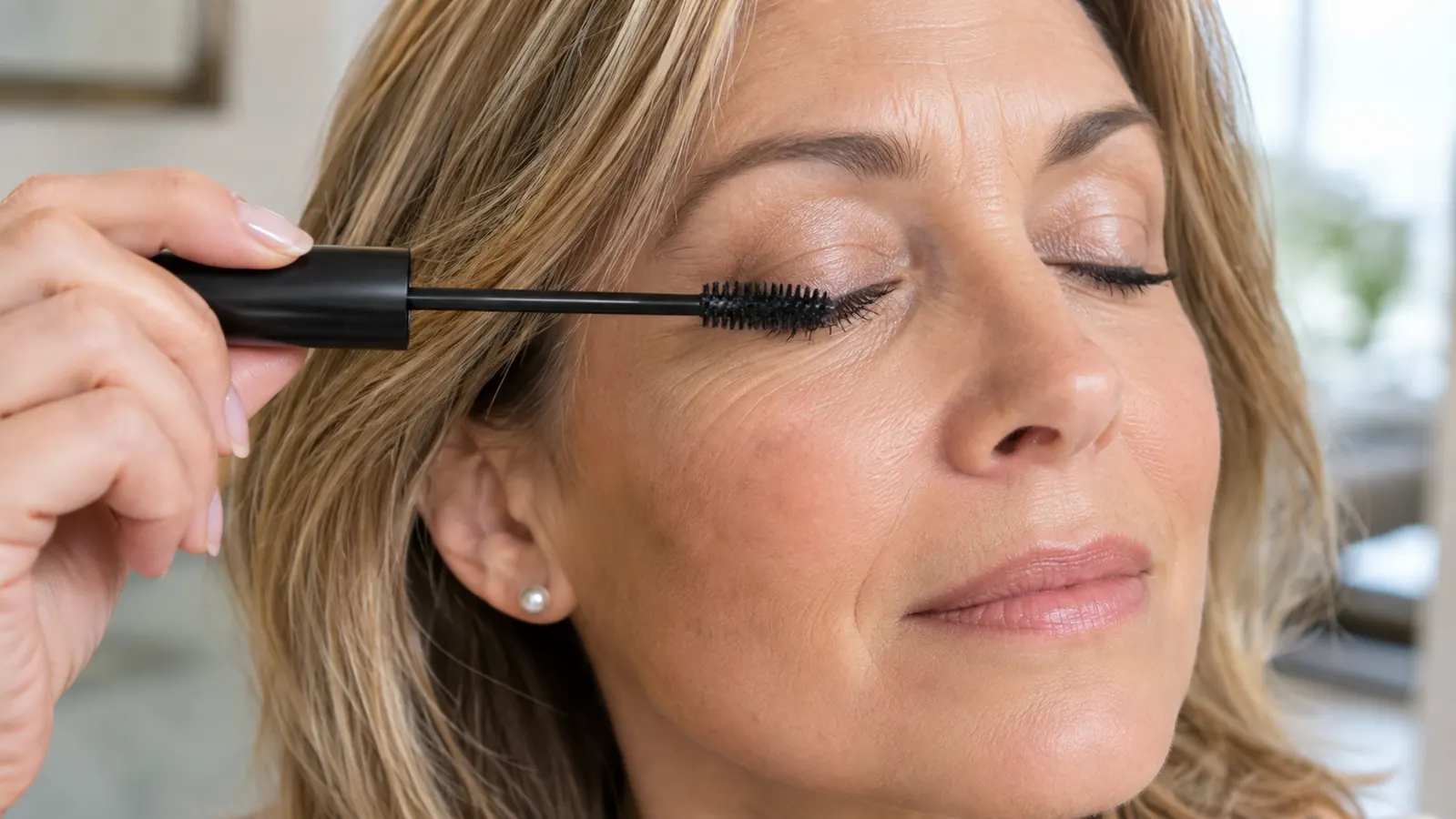 Close-up of a mascara wand being swept through lashes, eyes closed, natural daylight