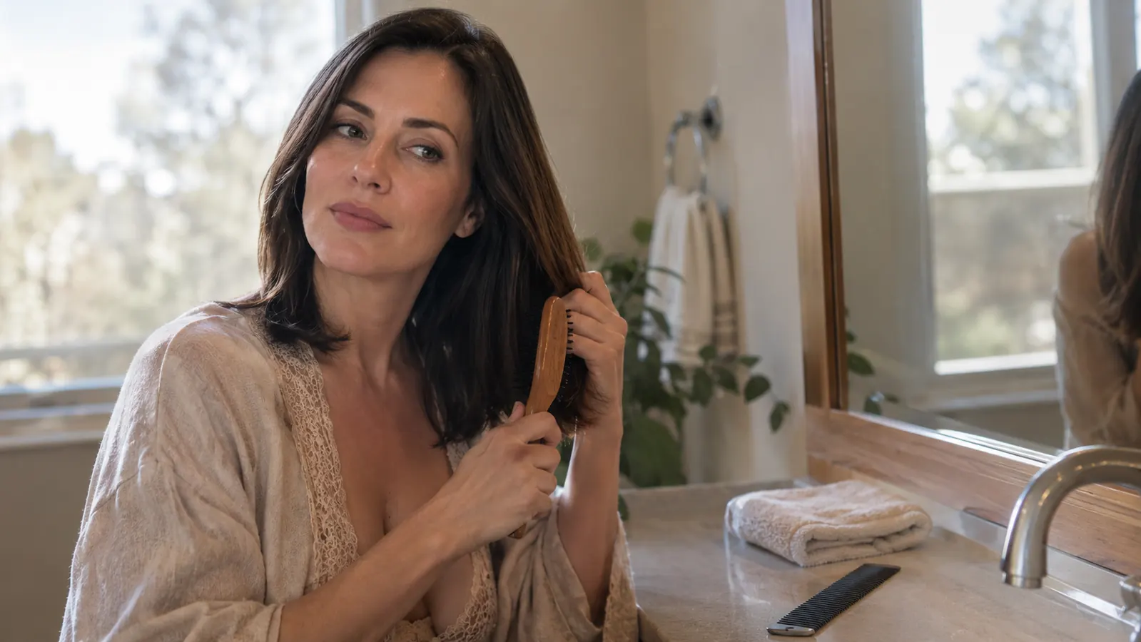 A woman in her late 40s brushing her shoulder-length hair at a bathroom vanity in soft morning light