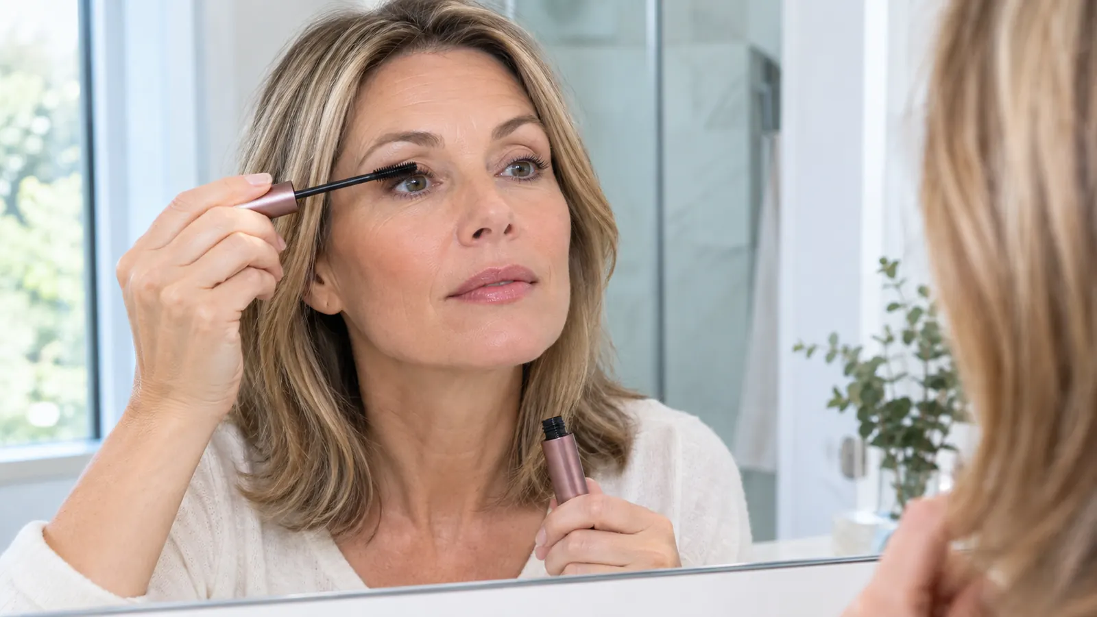 A hand holding a mascara wand with a curved brush, applying the mascara to lashes in a bright bathroom mirror